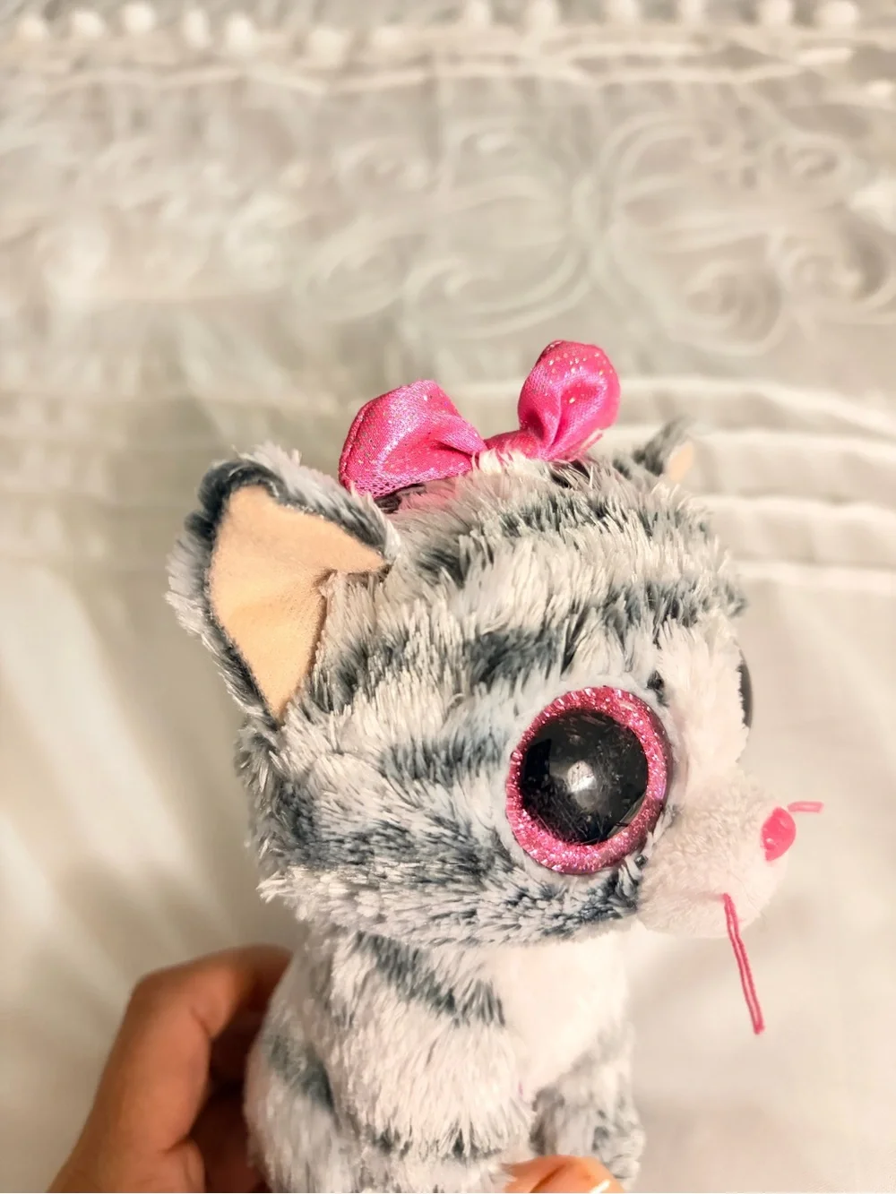 Ty Grey & White Plush Kitty with Pink Bow and Accents